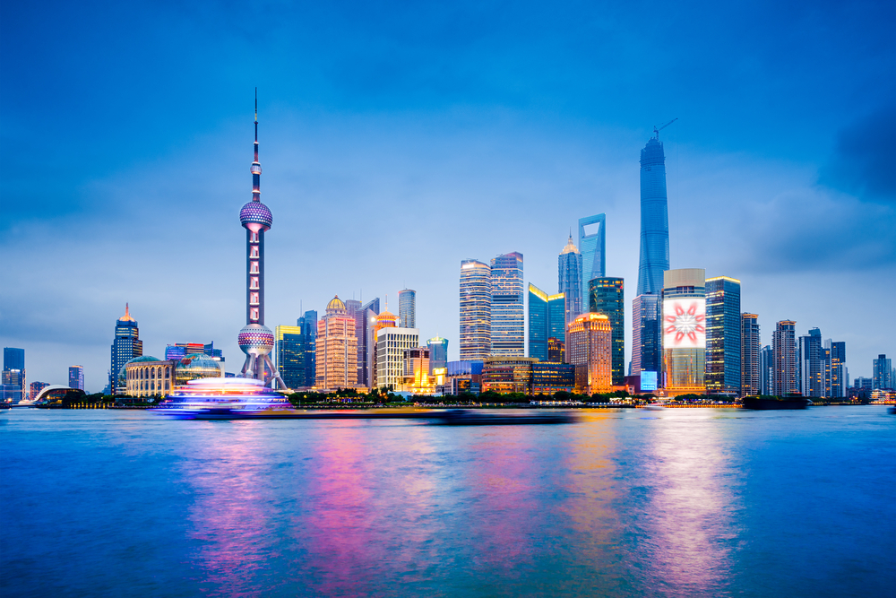 The Shanghai skyline on the Huangpu River at dusk